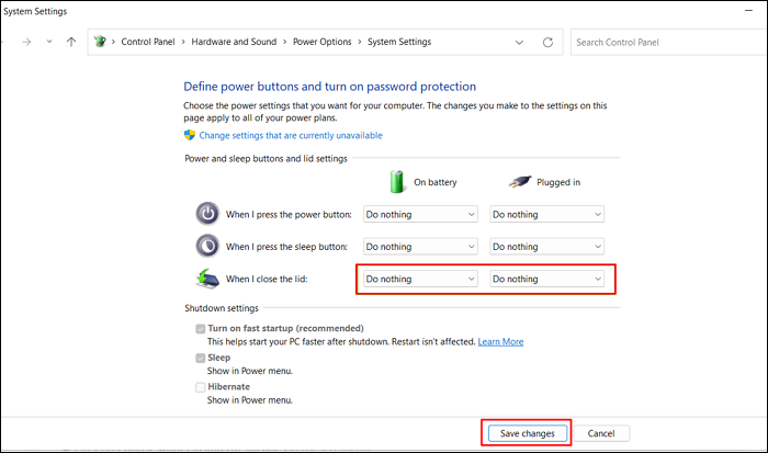 laptop change power setting to do nothing close lid