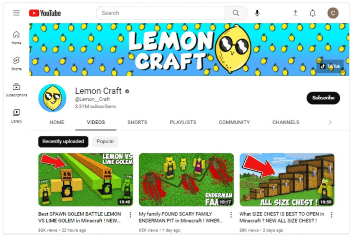 Canal Lemon Craft no YouTube