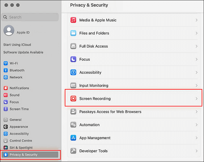mac choose privacy and settings screen recording