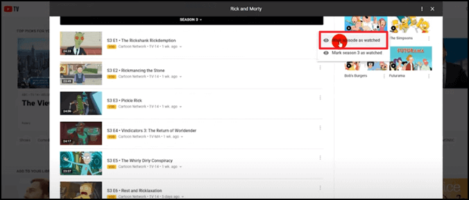 Option „Als angesehen markieren“ YouTube TV