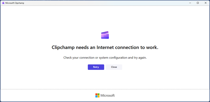 O Clipchamp precisa de uma conexão com a internet para funcionar