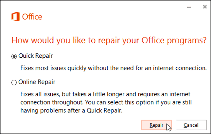 Reparación rápida de Microsoft Office