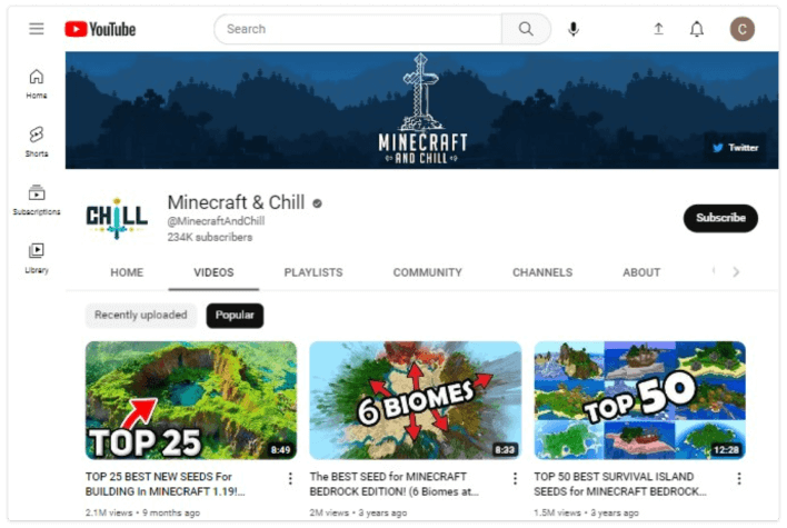 Canal Minecraft e Chill no YouTube