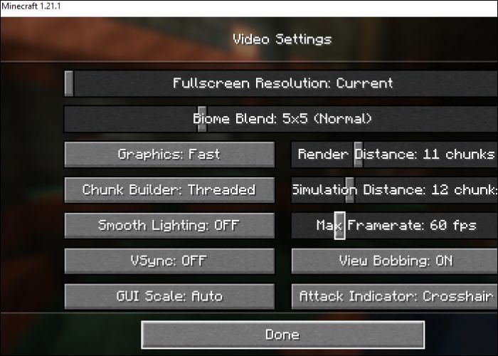 minecraft video settings pcs de gama baja