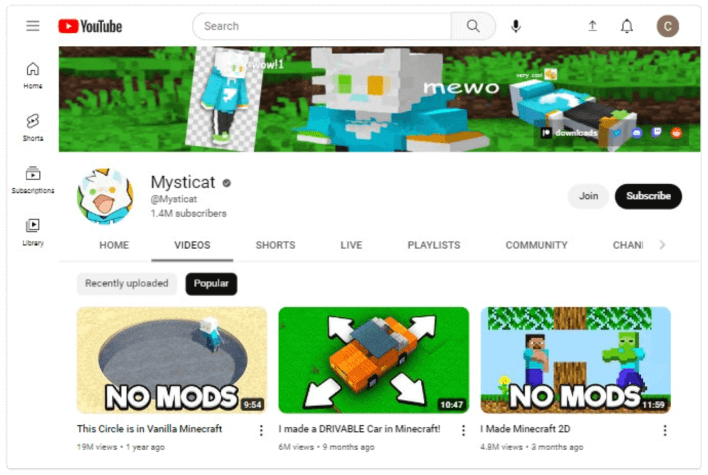 Canal Mysticat no YouTube