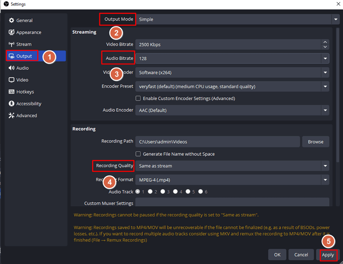 obs audio bitrate and recording quality