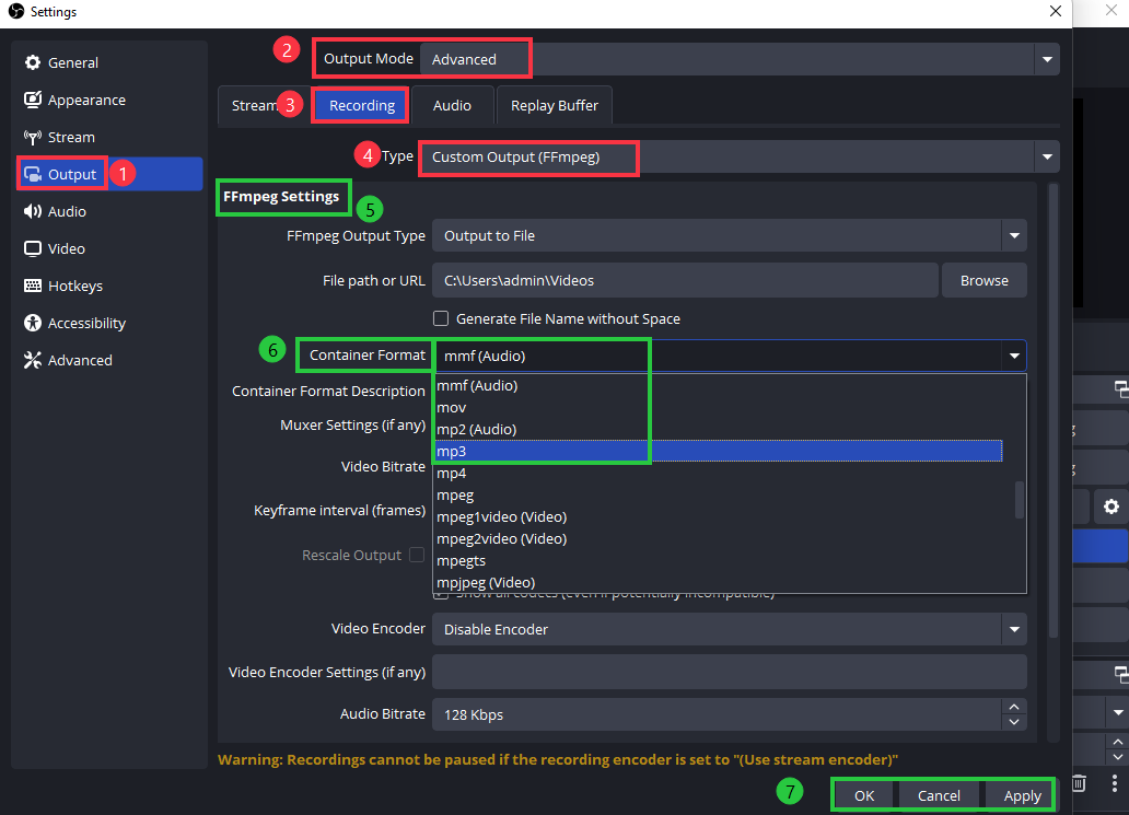 obs audio output formats settings