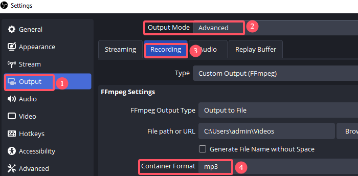 obs audio recording settings