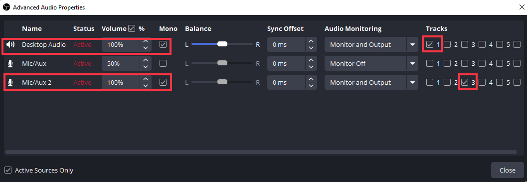 obs audio track settings