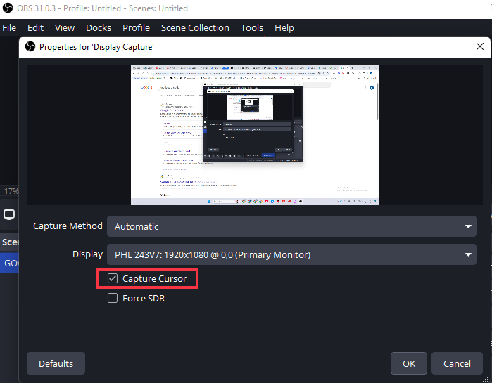 obs capture sursor