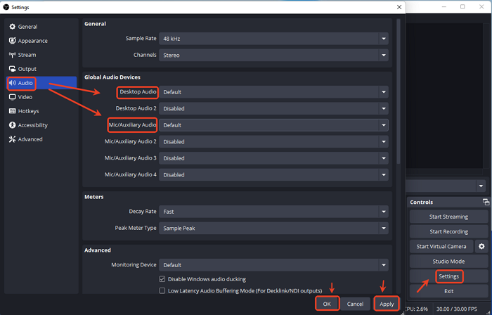 obs change audio recording settings