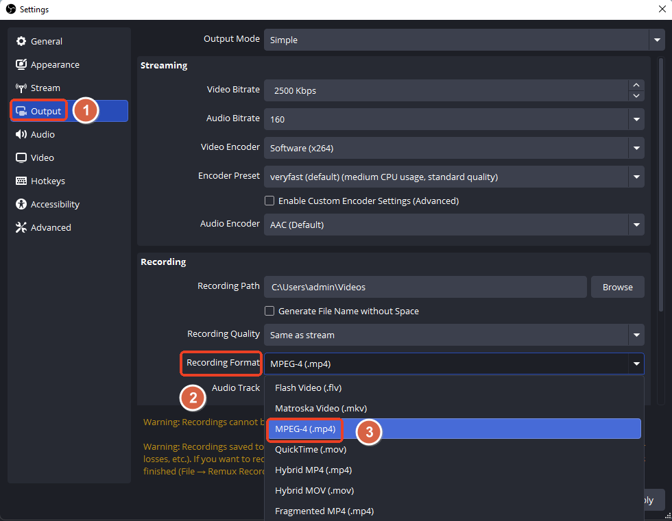 obs change recording format mp4