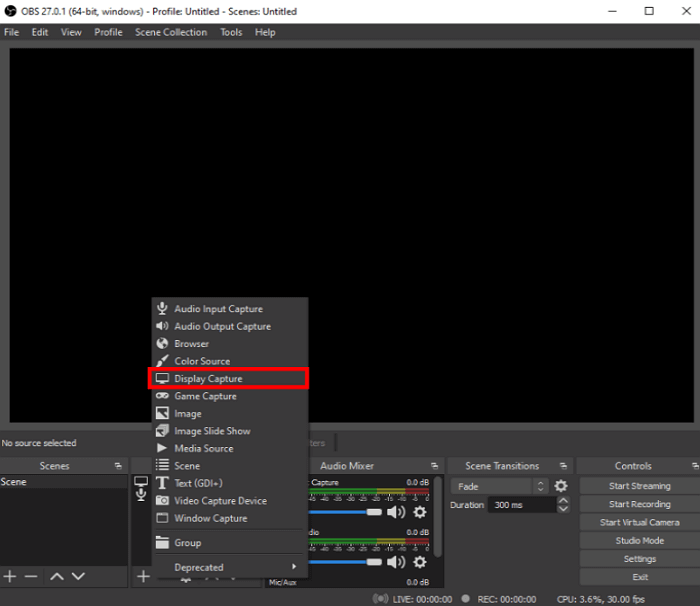 obs click display capture auf windows
