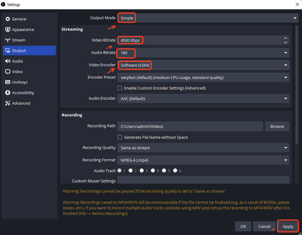 obs output settings for twitch
