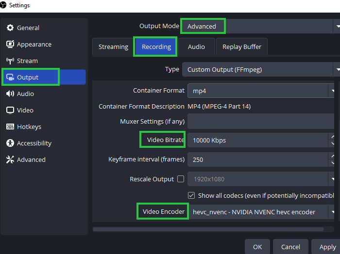 obs recording output settings