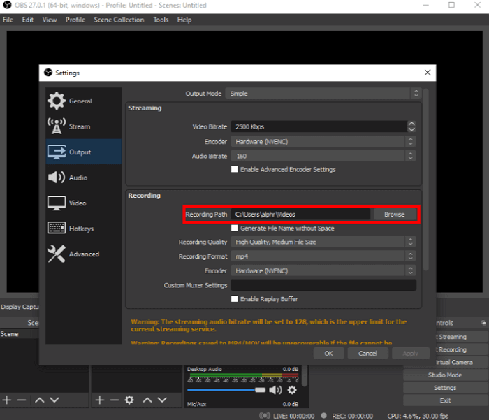 obs den gespeicherten Aufnahmepfad unter Windows auswählen