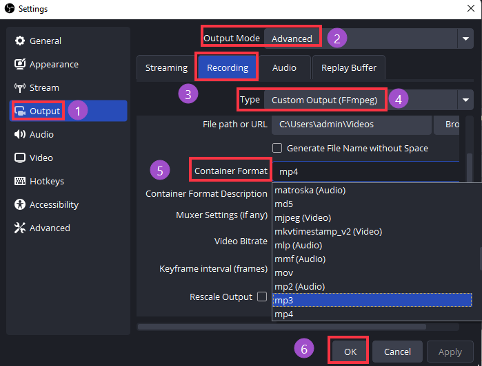 obs settings to record as audio
