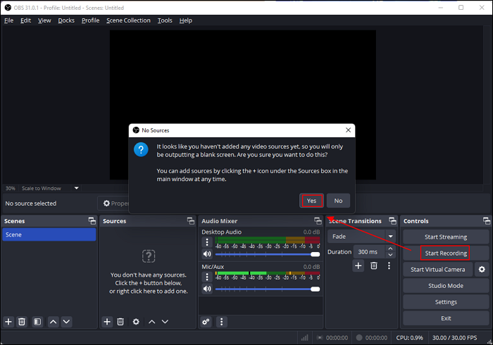 obs start recording desktop audio