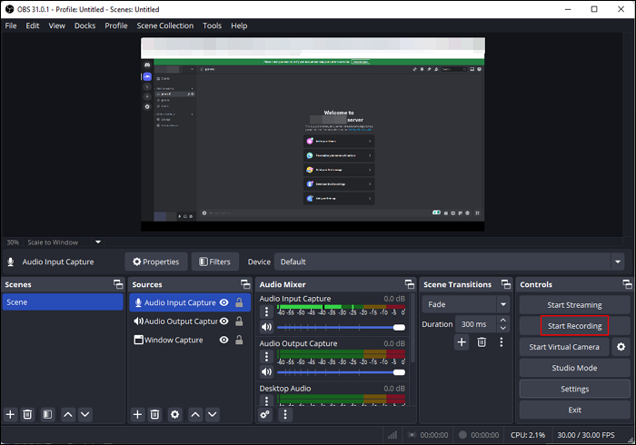 obs comece a gravar discord