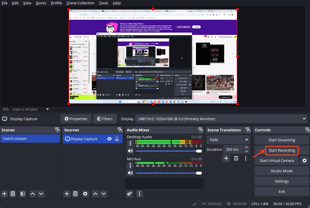 obs start recording twitch stream
