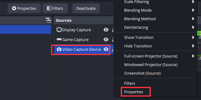 obstruir las propiedades del dispositivo de captura de vídeo