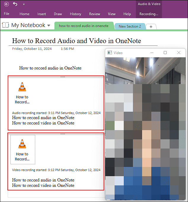 OneNote Audio-Video-Aufzeichnung Mediensymbol wird angezeigt