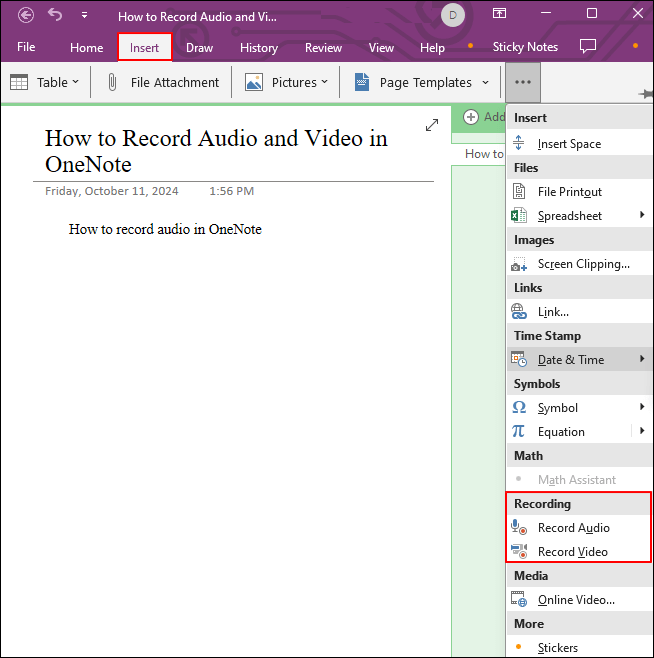 OneNote öffnen, Einfügen auswählen, Audio oder Video aufnehmen auswählen