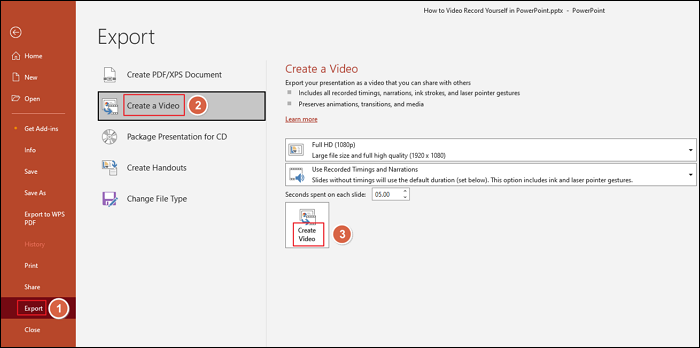 powerpoint 2019 export recording