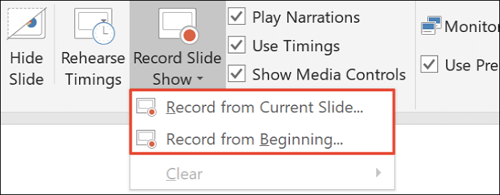 choose recording from current slide or from beginning