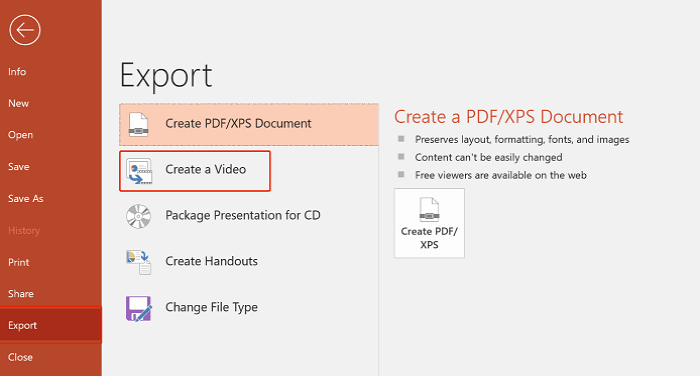 ppt click export create a video