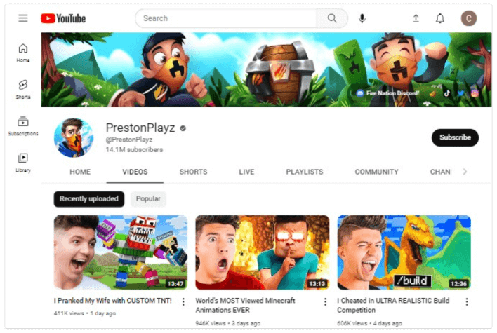Canal PrestonPlayZ no YouTube