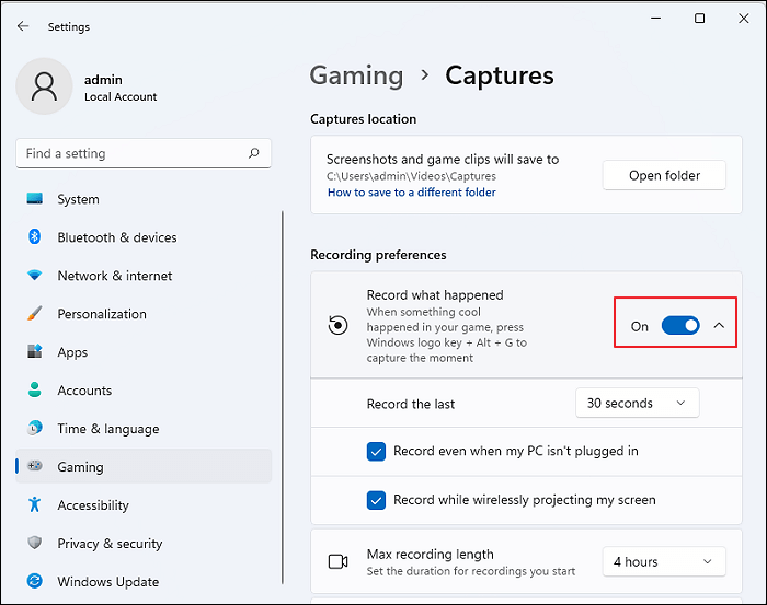 Aufzeichnung der Einstellungen