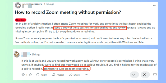 Reddit-Benutzer Debatte Aufzeichnung Zoom Legalität