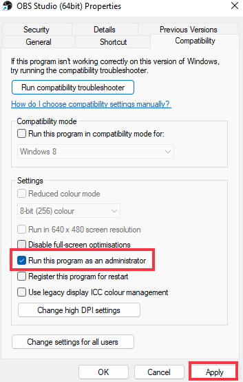 run obs as admin