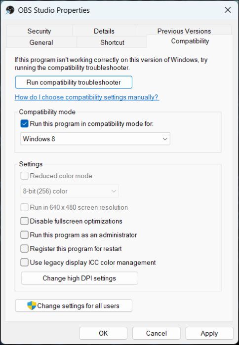 Ejecuta OBS en su versión de compatibilidad con Windows.