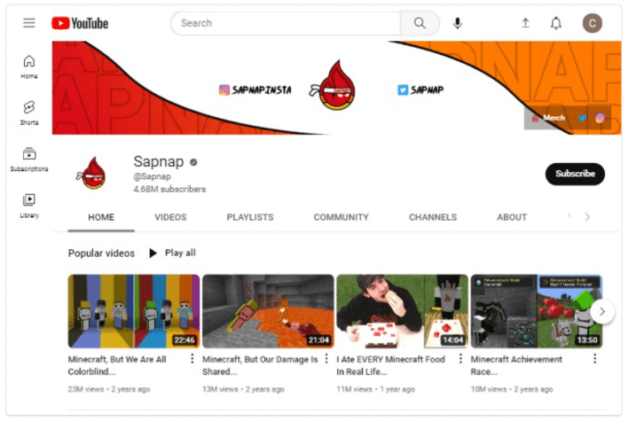 Canal Sapnap no YouTube