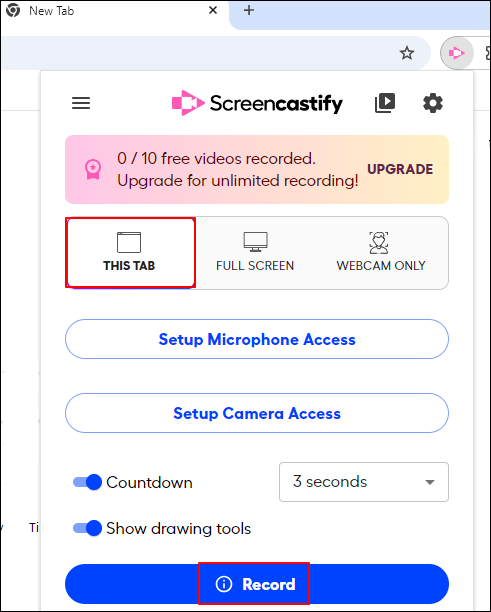 screencastify grava aba do chrome