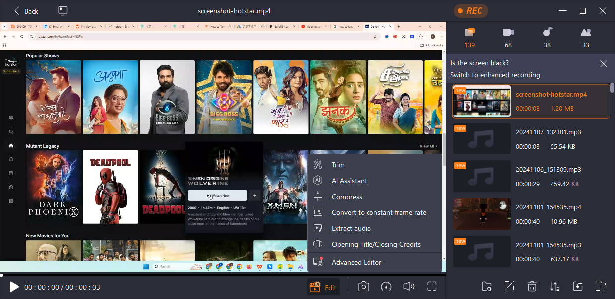 Screenshot von Hotstar mit dem Easeus-Bildschirmrekorder