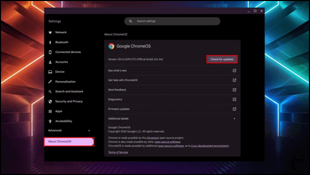 Wählen Sie Über ChromeOS