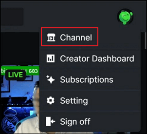Selecione o canal nas configurações da conta