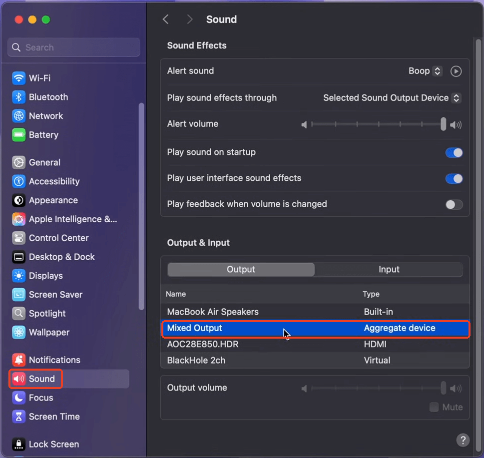 Selecione a opção de saída múltipla nas configurações do Mac.