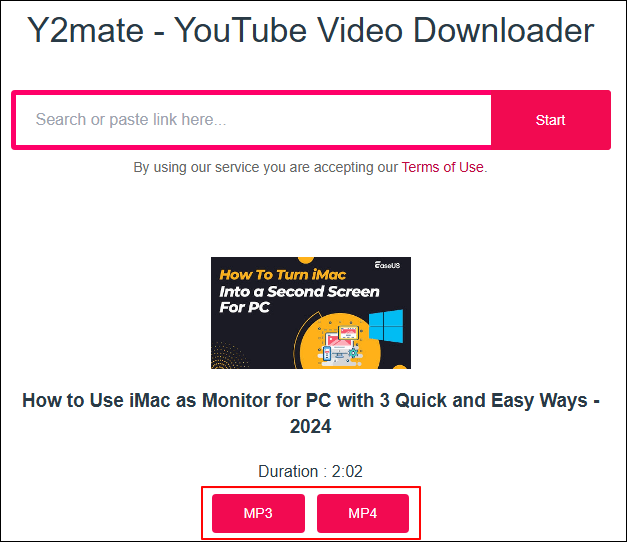 在 y2mate 中選擇搜尋的視訊音訊格式