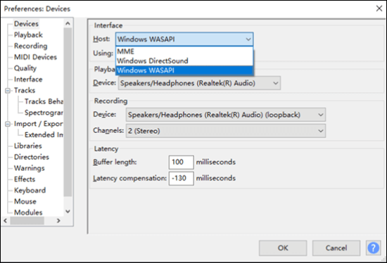 Wählen Sie Audio-Host auf Audacity