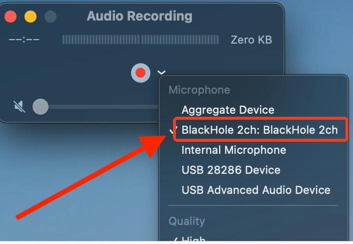 set blackhole as audio recording device quicktime