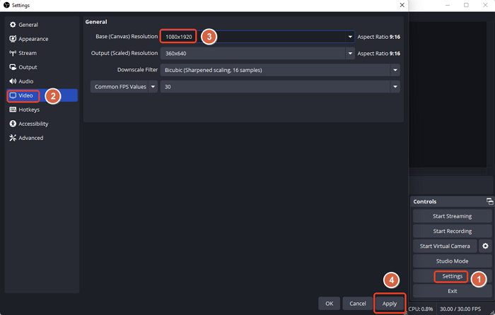 set obs resolution to 9 16