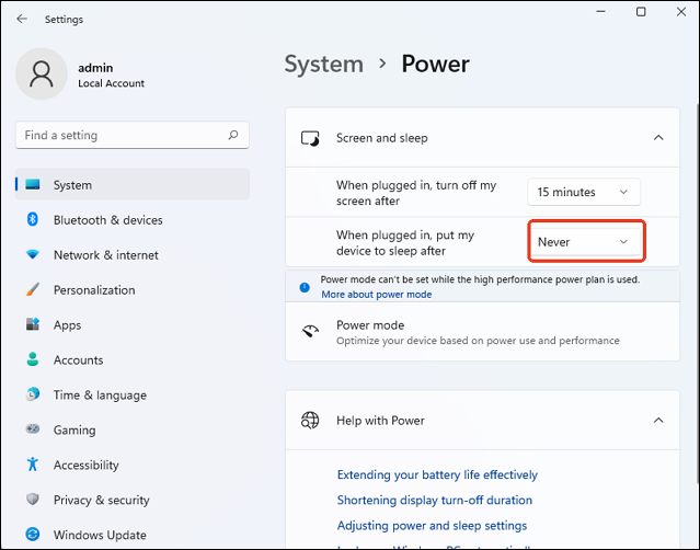set sleep mode to never