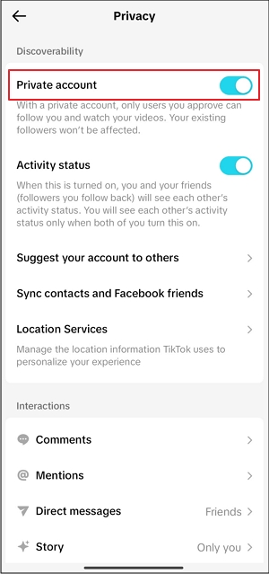 defina sua conta do tiktok como privada