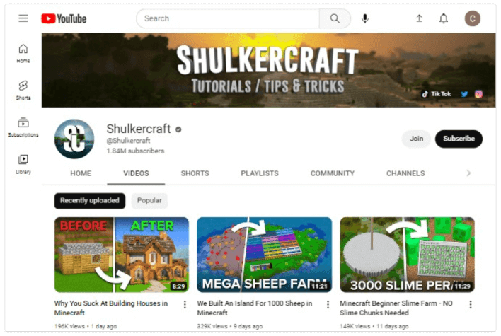 Canal Shulkercraft no YouTube
