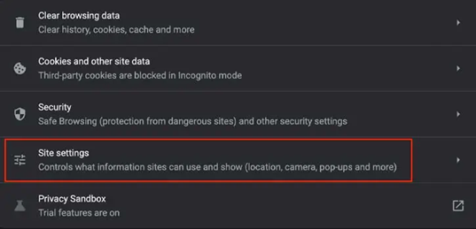 Configurações do site Chrome