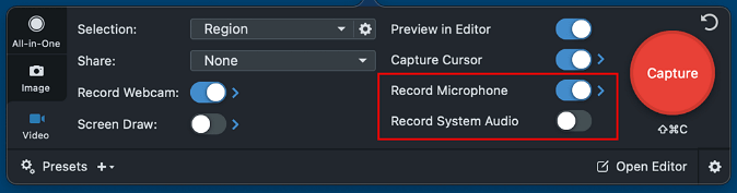 snagit enable record microphone system audio